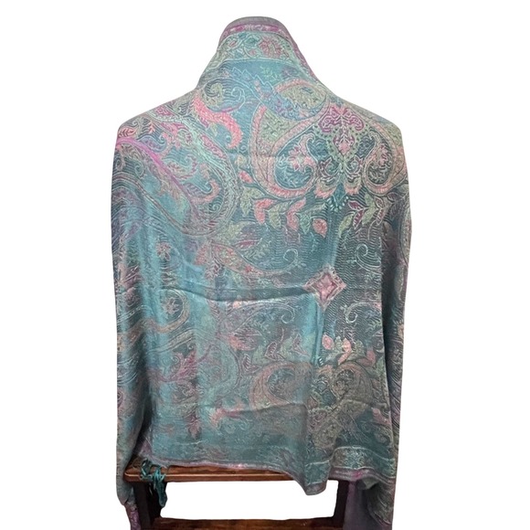 Women's Luxurious 100% Cashmere Paisley Shawl Scarf Teal Purple Fringe Bohemian - Picture 6 of 8